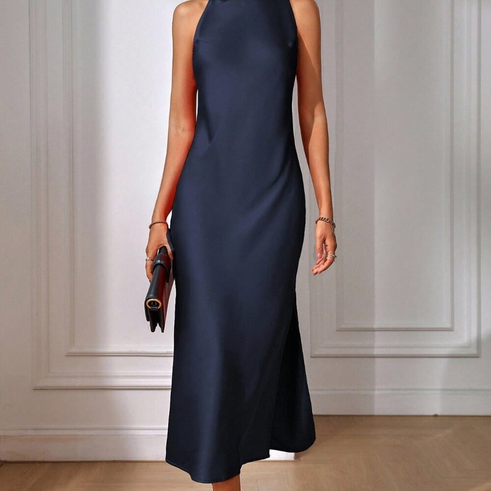Navy Blue Elegant Women's Sleeveless Long Dress Maxi Outfit